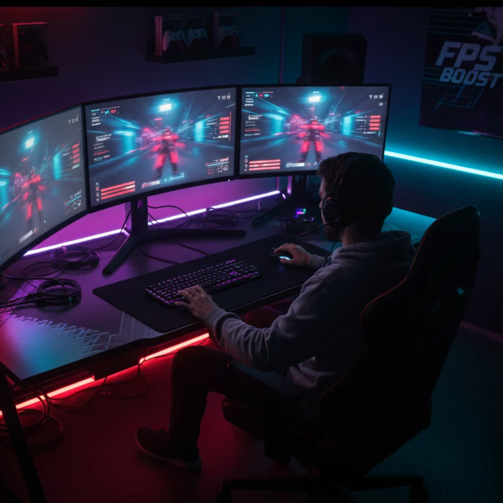 Pro gamer with triple monitor RGB setup - FPS Boost gaming station